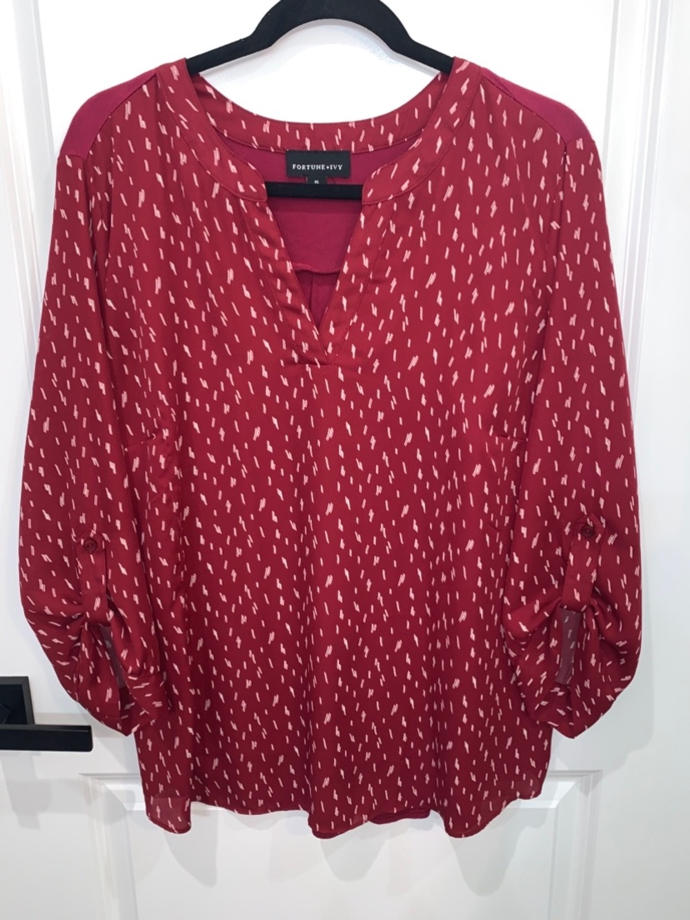 Fortune + Ivy Maroon Split-Neck Printed Blouse